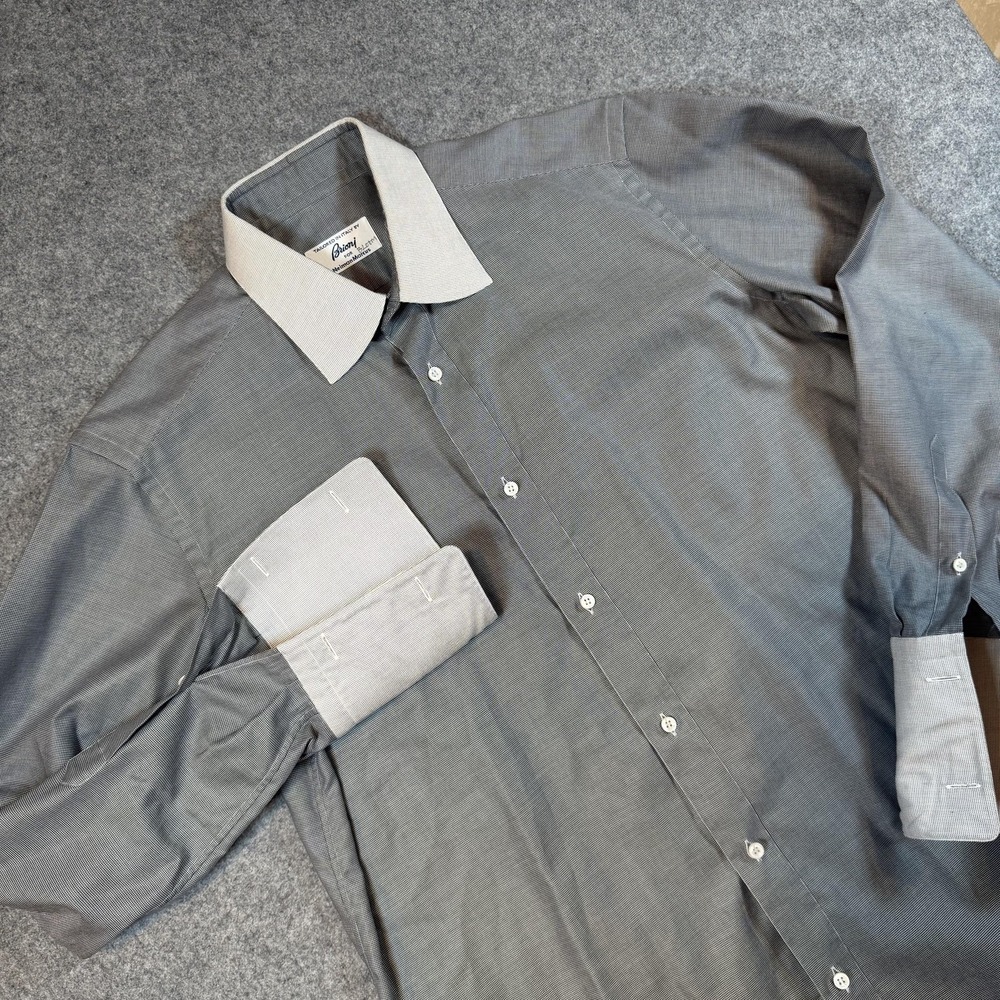 Brioni Shirt Mens Large Gray Check Contrast Collar French Cuff Dress Italy